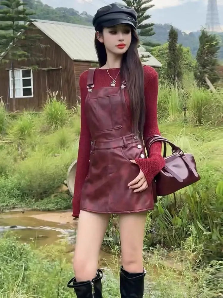 maoxiangshop - American Overalls Dress Women Autumn Long Sleeve Knitted Shirt Spicy Girl Leather Dress Fashion Set Two Piece Set Women Outfits