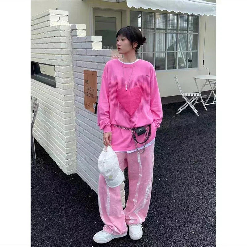 Pink High Waist Jeans Loose Straight Baggy Wide Leg Pants Female Aesthetic Y2k Korean Fashion Tie Dye Denim Trousers Women
