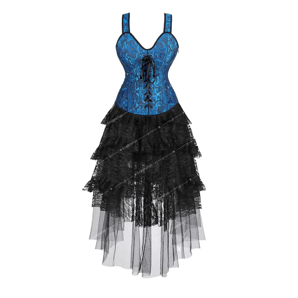 maoxiangshop - Steampunk Corset Skirt Bridal Lace Strap Bustiers with Gothic Tulle Dress Rave Outfits Evening Party Costumes Plus Size