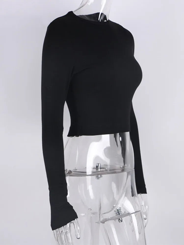 maoxiangshop O Neck Long Sleeve Shirt Women Ribbed Sexy Cropped Tops Spring Black Casual Skinny Slim Basic Woman T Shirts White