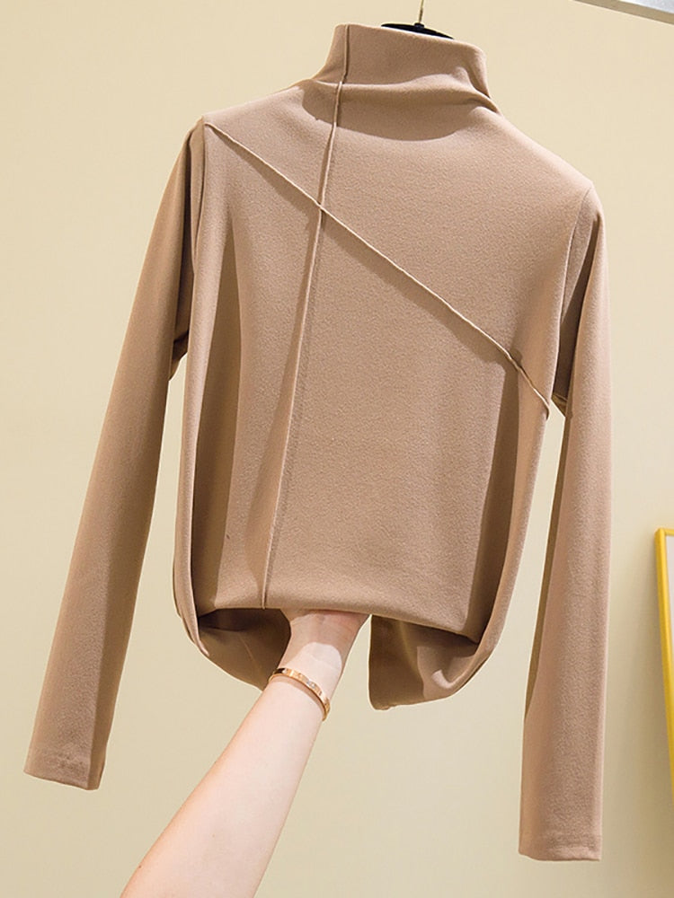 maoxiangshop Long Sleeve Thick T Shirt Women Winter Tops Turtleneck Warm T-Shirt Korean Cotton Tshirt Woman Tee Shirt Femme Pink Blue