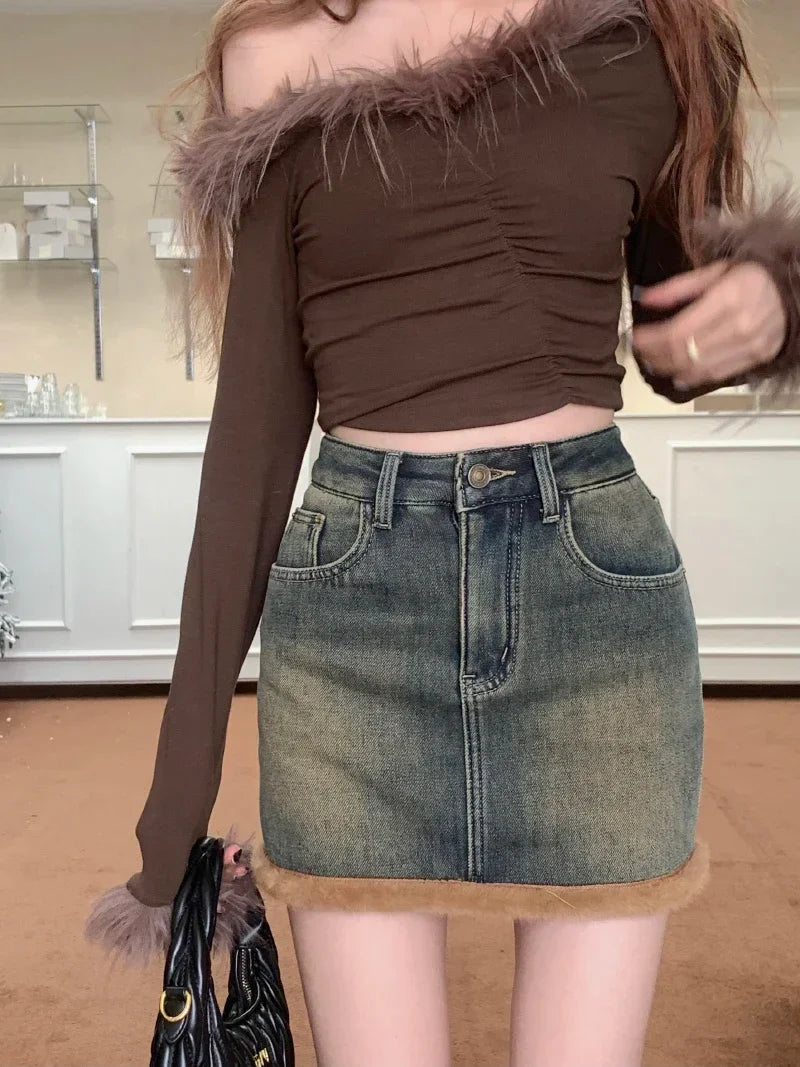 maoxiangshop - Spring and Autumn Hairy Splicing Denim Skirt Spicy Girl New Fashion Punk Style Plush High Waist Slimming Short Skirts for Women