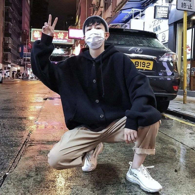 maoxiangshop Autumn Korean Sweatshirts for Men Casual Zip Up Hoodies Loose Coat Street Thick Warm Fashion Hip Hop Cardigans Hooded Jacket