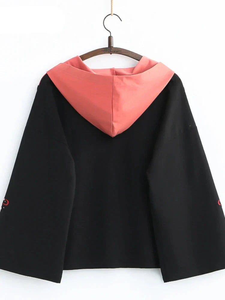 maoxiangshop Japanese Harakuju Embroidery Cotton Hooded Sweatshirt Women Summer Vintage Hoodies Korean Female Basic Pullover Top