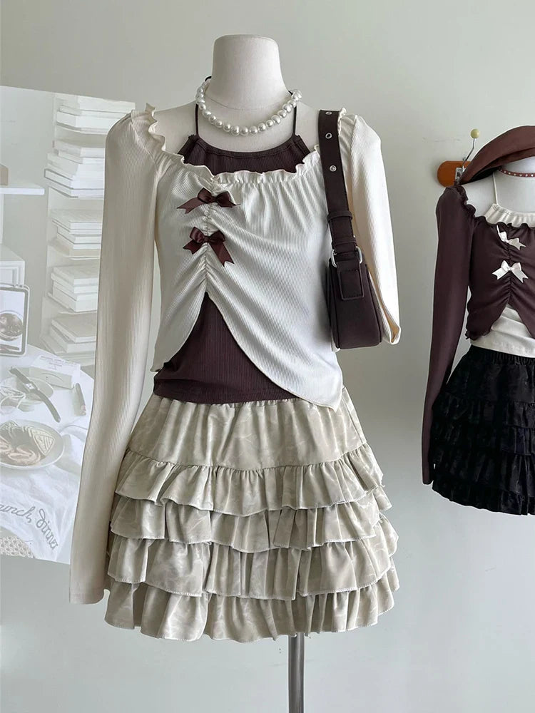 Autumn Women Two Pieces Set Halter Top Korean Fashion Gyaru Long Sleeve Crop Tops T-Shirts Y2k Streetwear Tees Coquette Girl New