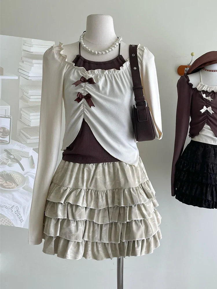 maoxiangshop2 Autumn Women Two Pieces Set Halter Top Korean Fashion Gyaru Long Sleeve Crop Tops T-Shirts Y2k Streetwear Tees Coquette Girl New