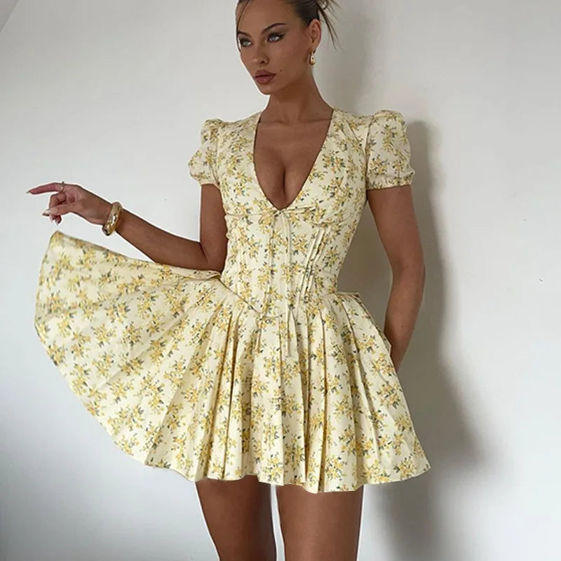 Vintage Puff Sleeve V Neck Short Dresses Summer Women Sexy Yellow Floral Print Elegant A Line Pleated Dress Party Beach Vestidos
