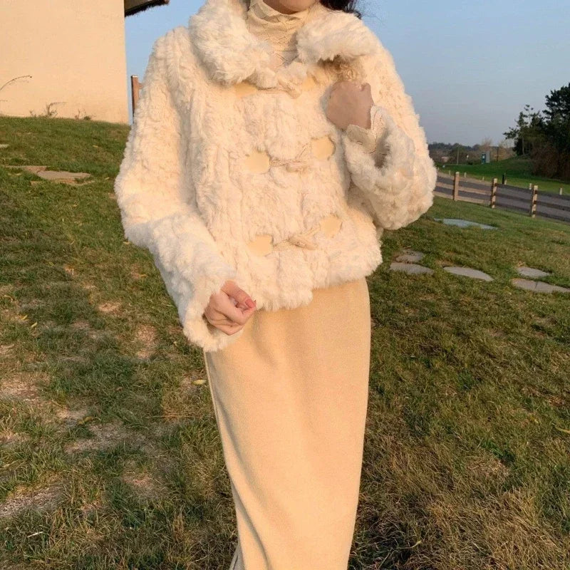 Korean Patchwork Lamb Wool Outerwear Women Autumn Winter Gentle Wind Horn Buckle Faux Fur Jacket Female Plush Loose Tops