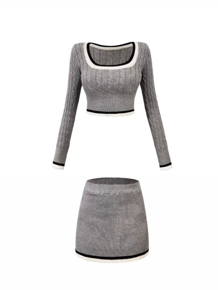 maoxiangshop1 Fashion Knitted Suit Woman Y2k Crop Tops Sweater + Casual Shirt + Slim Bodycon Mini Skirt Korean 3 Piece Set Skirt Autumn