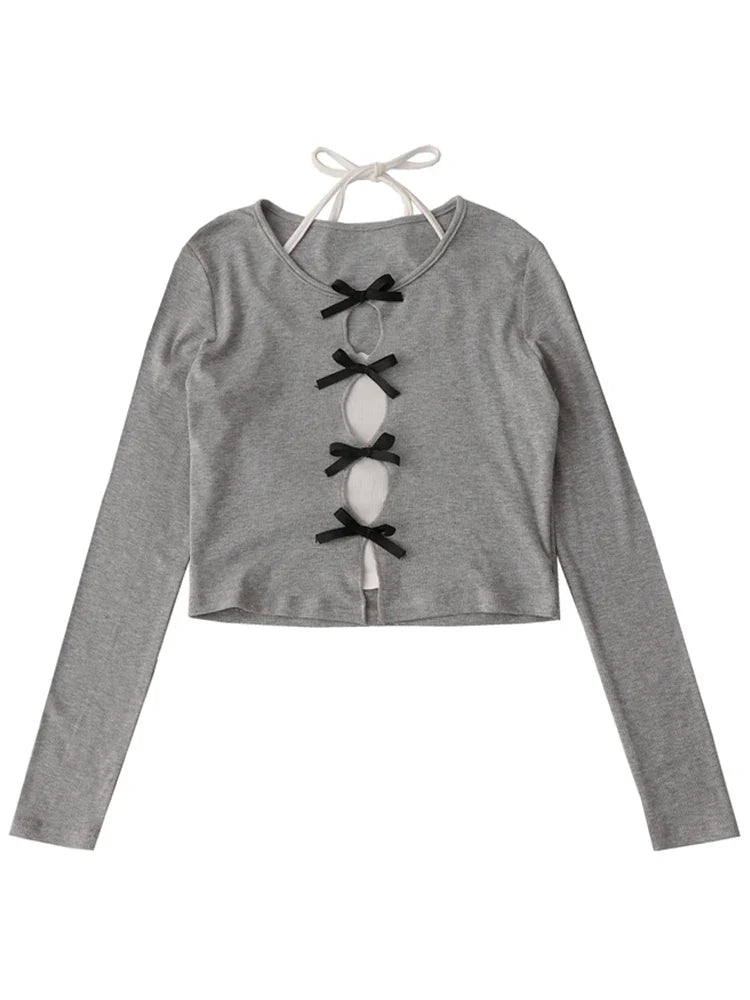 Womnen Korean Fashion Long Sleeve Hollow Out Crop Top Gyaru Fake Two Pieces T-Shirts Grunge Coquette Girl Lace Up Tees 2000s Y2k
