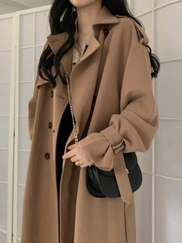 Autumn Long Coats Woman Winter 2023 Tops Solid Lapel Double-breasted Oversized Windbreaker Jacket Trench Coat for Women Clothes
