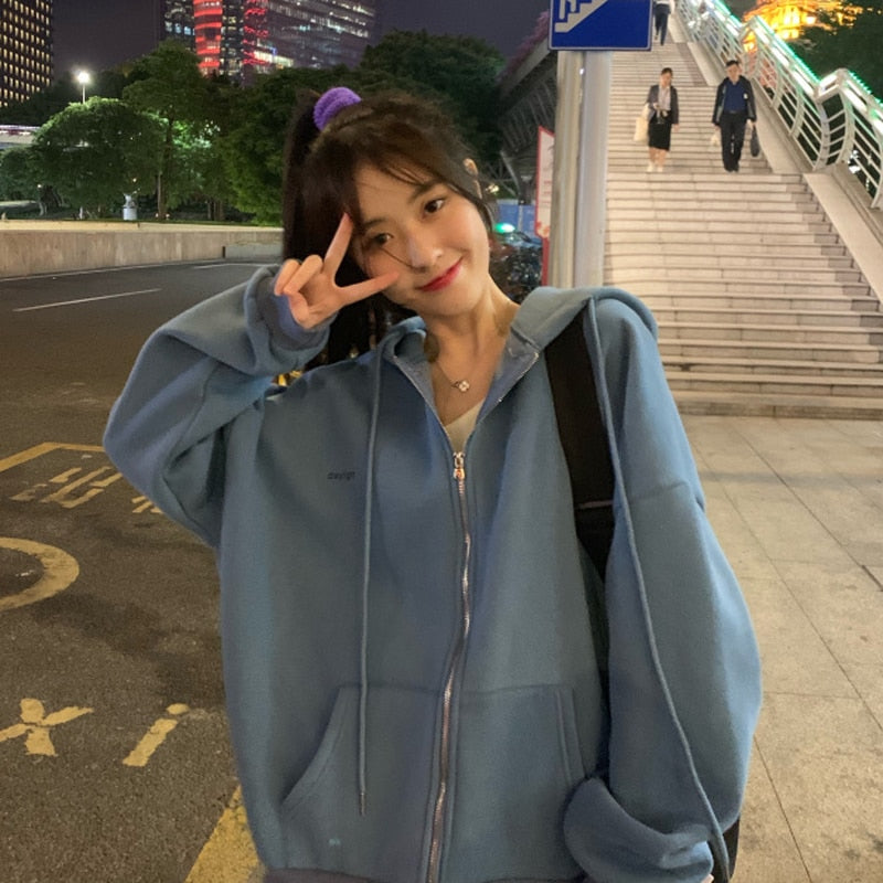 maoxiangshop Harajuku Zip Up Hoodie Women Retro Long Sleeve Oversized Solid Color Hoodies Autumn Korean Style Pocket Drawstring Sweatshirt