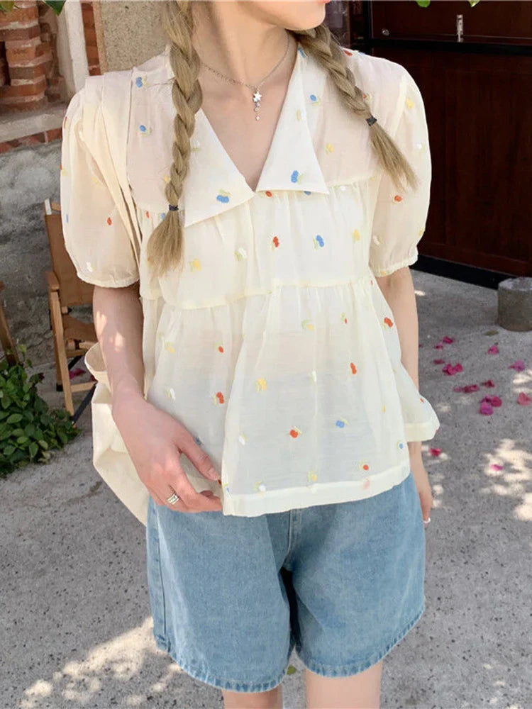 maoxiangshop Kawaii Blouses Women Cute Chic Korean Fashion Loose V-Neck Puff Sleeve Casual Shirt for Girls Vintage Sweet Crop Top