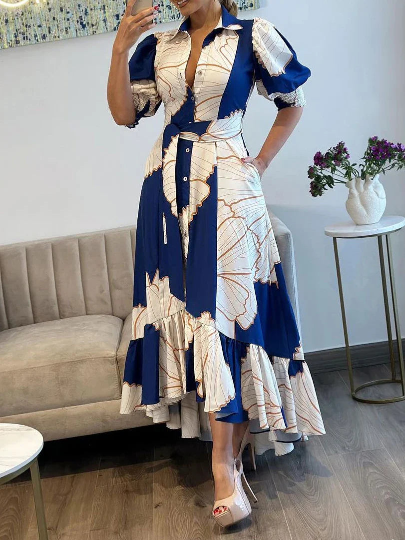 maoxiangshop Women Floral Print Long Dress Summer Casual Turn-down Collar Half Sleeve Loose Big Swing Dress Female Vintage Beach Maxi Dress
