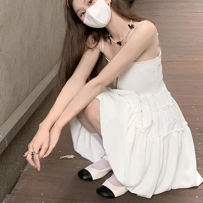 maoxiangshop Fashion All-Match Fluffy Dress Women Korean Waist-Tight Spaghetti Strap Agaric Edge Black Dresses Woman Summer Prom Gown