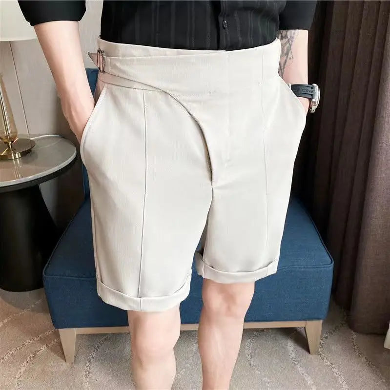 maoxiangshop British Style Casual Suit Shorts Mens Waist Buckle Button Naples Knee Length Pants Summer Thin Fashion Business Slim fit Shorts