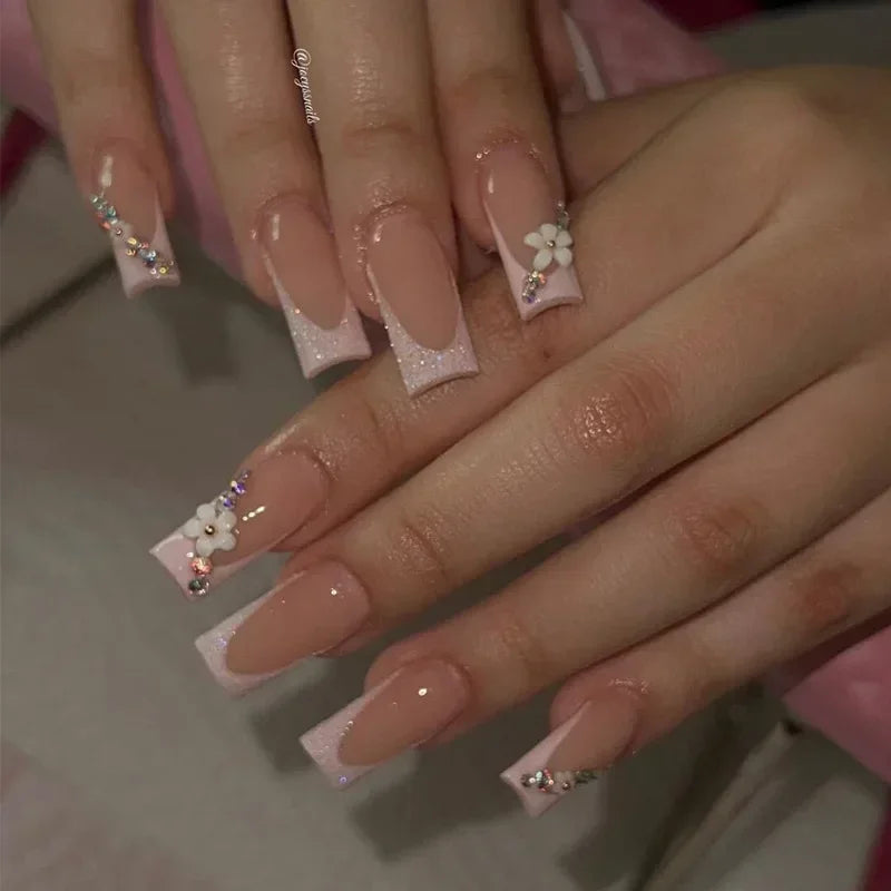 maoxiangshop 24Pcs Coffin False Nails Purple Butterfly Designs Fake Nails with Shiny Rhinestone Wearable French Full Cover Press on Nails