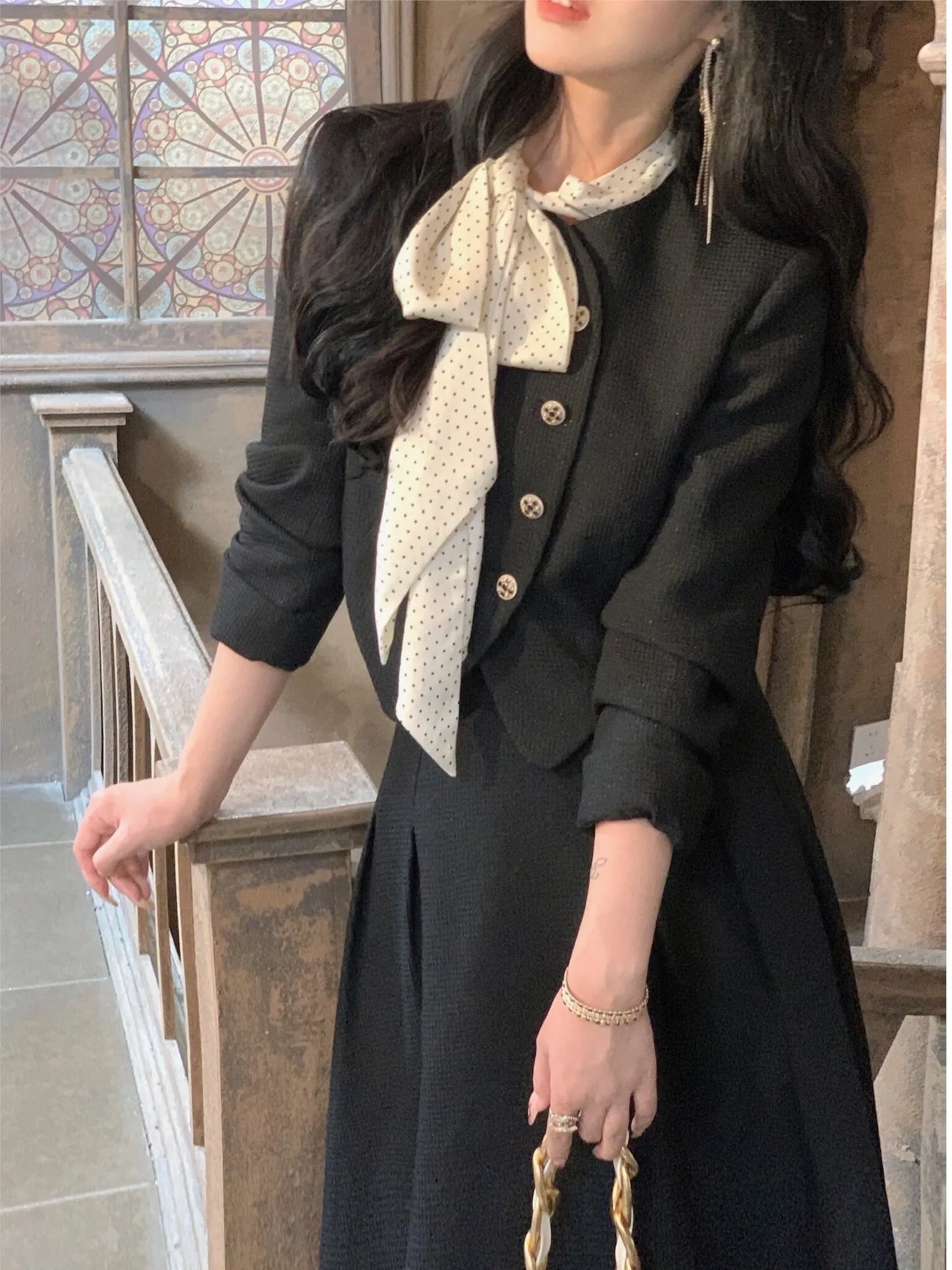 Korean Elegant Blazer 2 Piece Sets for Women Button Jacket with Tie High Waist Skirts Suit Spring Autumn Fashion Party Outfits