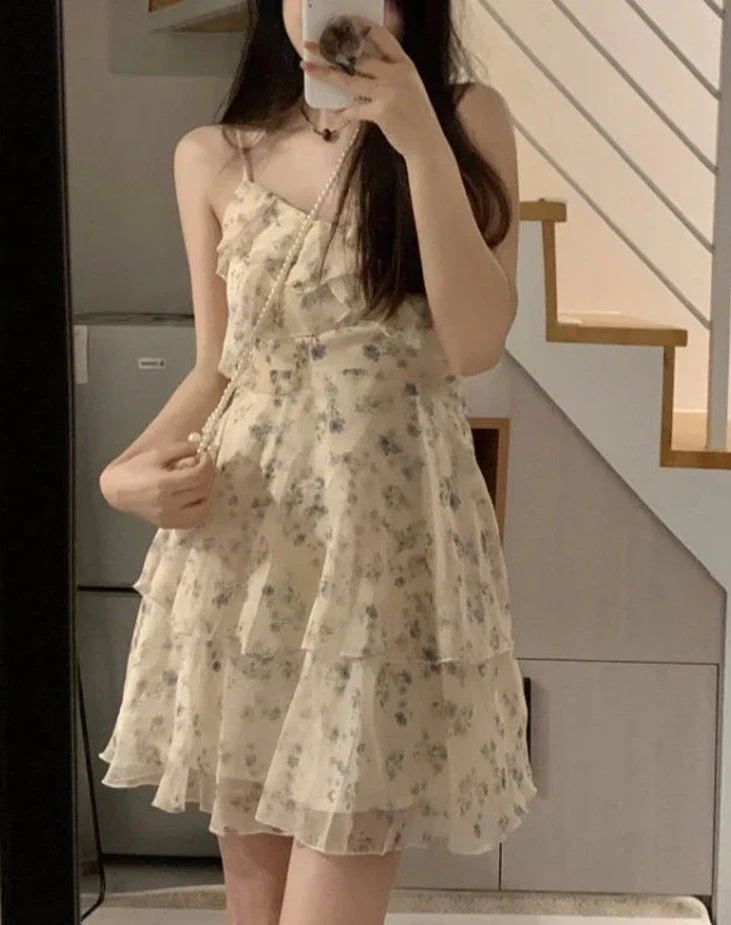 maoxiangshop DRESS TO IMPRESS Sweet Dresses for Women Fashion Floral Korean Summer Robe Femme Temperament Chiffon A-line Dress Vestidos De Mujer