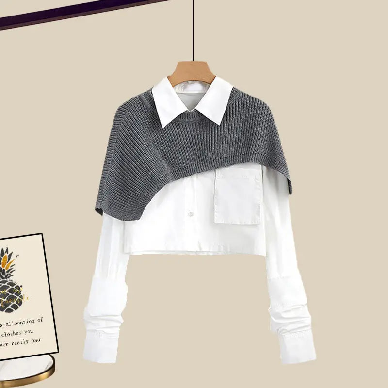 maoxiangshop Women's Autumn Dress Sets Female Loose Knit Shawl+Long sleeve Shirt+High Waist Knitted Half Skirt Three Piece Set Korean Fashion