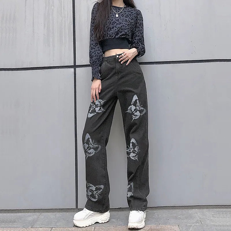 maoxiangshopBrown Baggy Girl Jeans Women Heart Print New Aesthetic Vintage 90s Streetwear Denim Trousers Low Waist Straight Pants