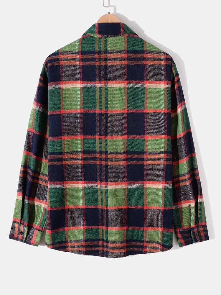 maoxiangshop Long Sleeve Shirt for Men Plaid Fuzzy Button Shacket Blouses Unisex Streetwear Overshirt Fall Winter Warm Shirt Tops