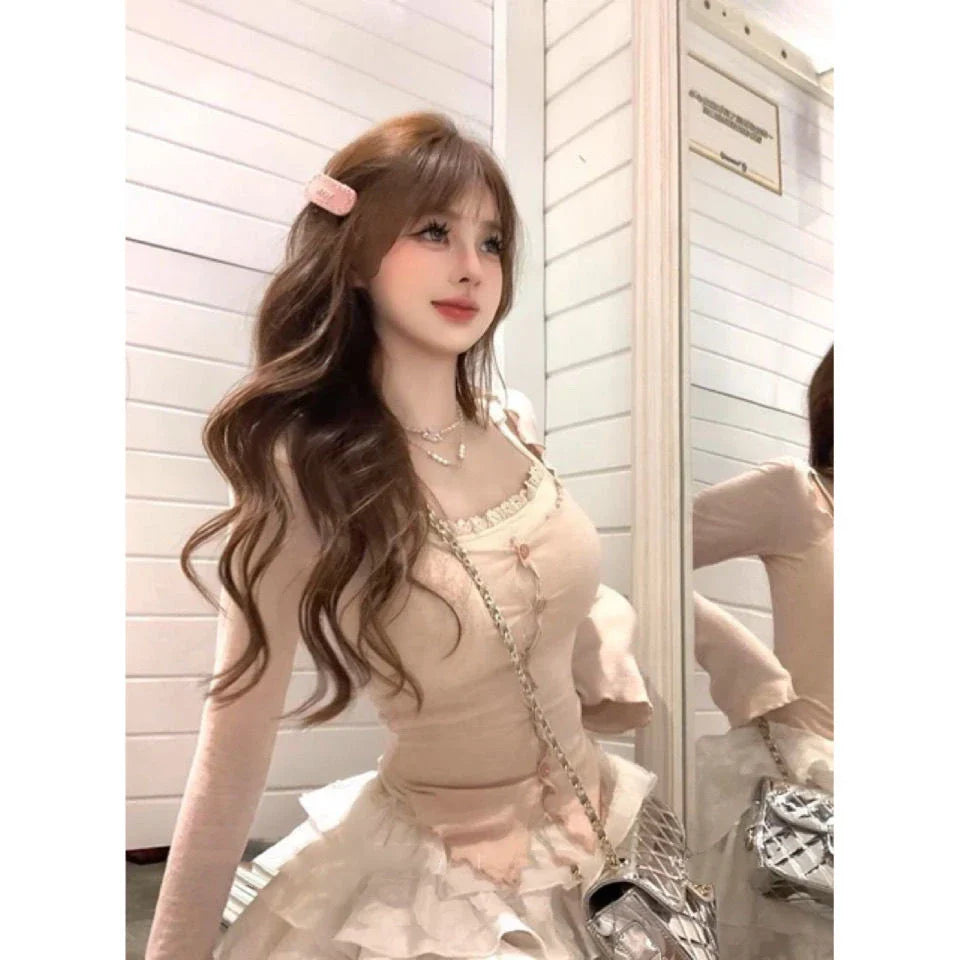 maoxiangshop - 2024 Japanese Style Kawaii 3 Piece Set Women Casual Y2k Crop Top Pink Thin Cardigan Sweet Mini Cake Skirt Cute Fashion Suits