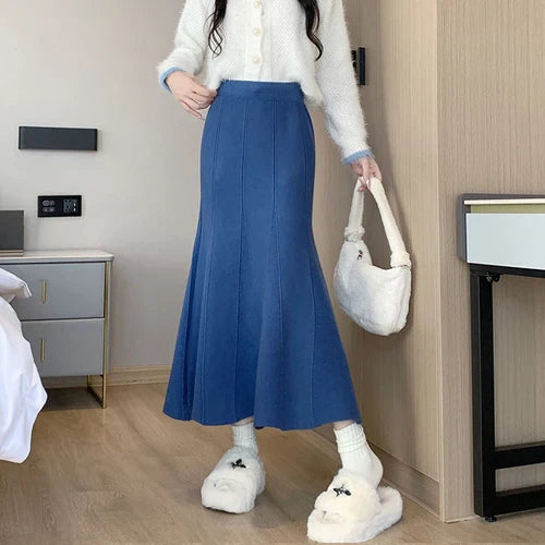 maoxiangshop Knitted Long Skirt for Women Fashion Korean Autumn Winter Ankle-Length Casual Slim Midi Skirt Solid Elegant Women's Skirts