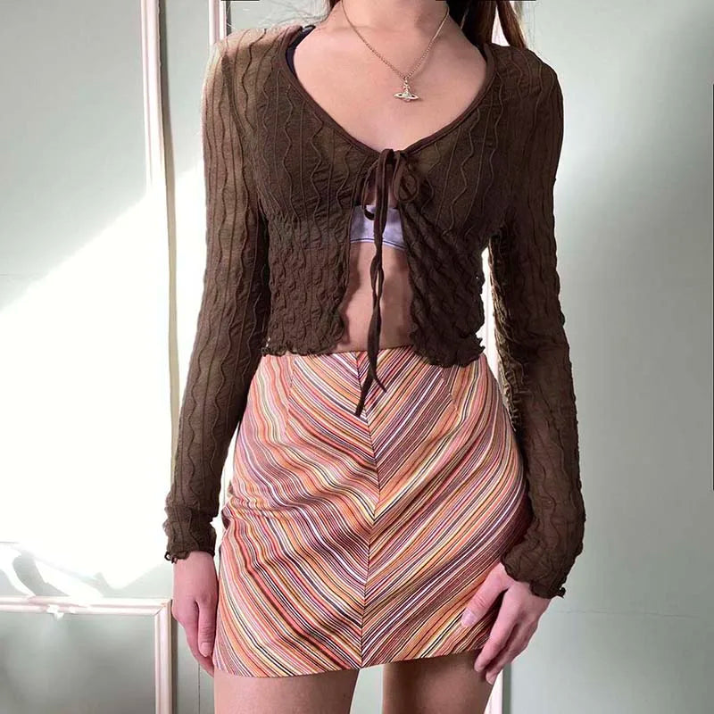 maoxiangshop - Brown Cardigan Shirts Women Long Sleeves Harajuku Fashion Tops Fron Lace-up Cute Tops Y2K Fairycore Retro Women's Shirts