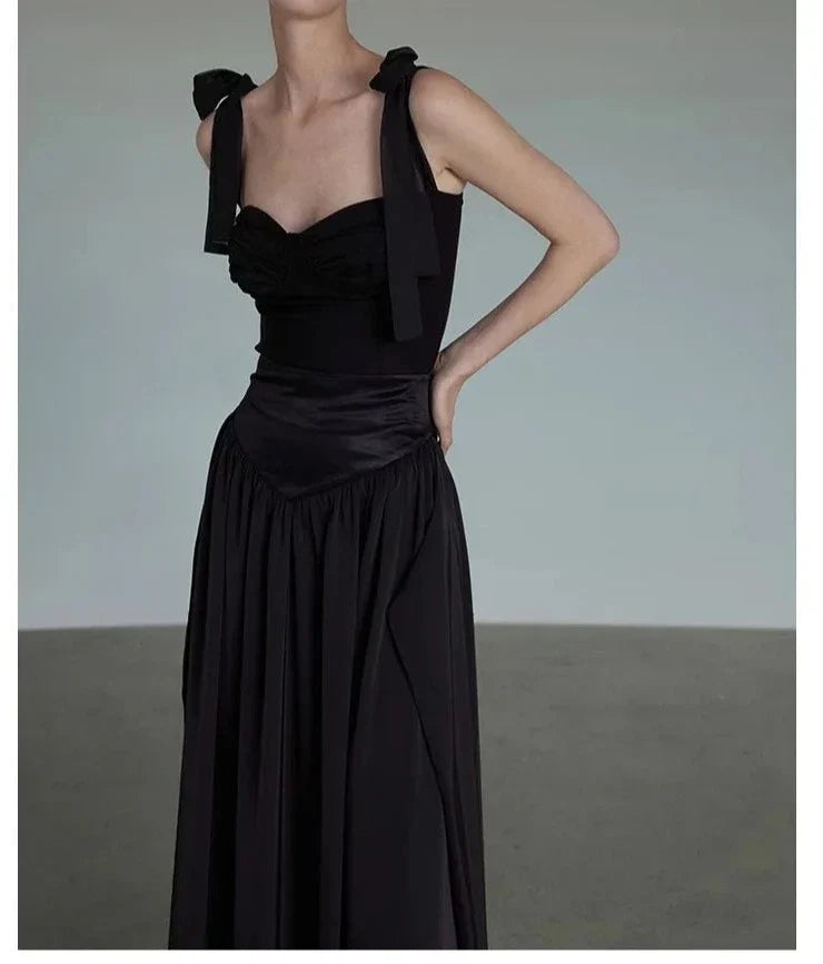 maoxiangshop - 2024 New Women Designer Two Pieces Set Black Camisole Tops Slimy Gothic Girl Tanks Maxi Skirts Outfit Hepburn Vintage Skirt