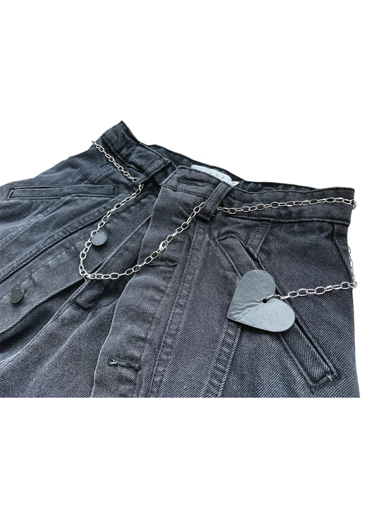maoxiangshop Women's Short Jeans Vintage Hight Waist Y2K Harajuku Casual Black Denim Shorts With Chain Hot Summer Vacation Streetwear Bottoms
