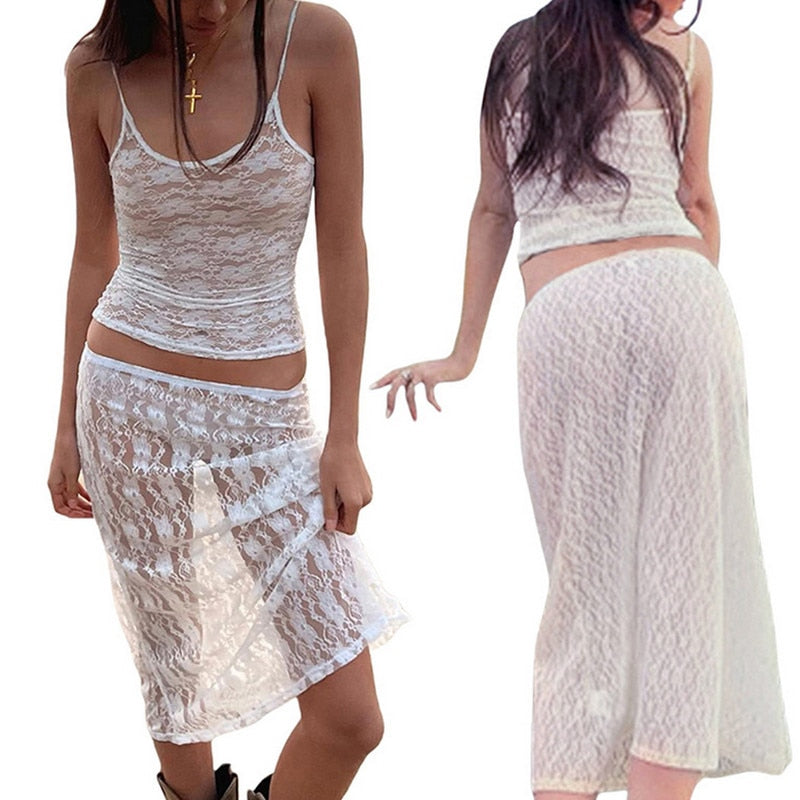 maoxiangshopTwo Piece Skirt Set Women's Suit y2k Clothes Summer Sexy Outfit Cropped Top and Split Skirt Chic Elegant Female Clothing