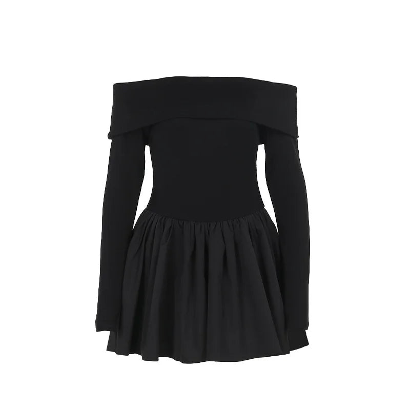 maoxiangshop - Solid Black Fold Over Off Shoulder Puffy Mini Dress Women Long Sleeve Backless Slim A-Line Short Dress Autumn Partywear
