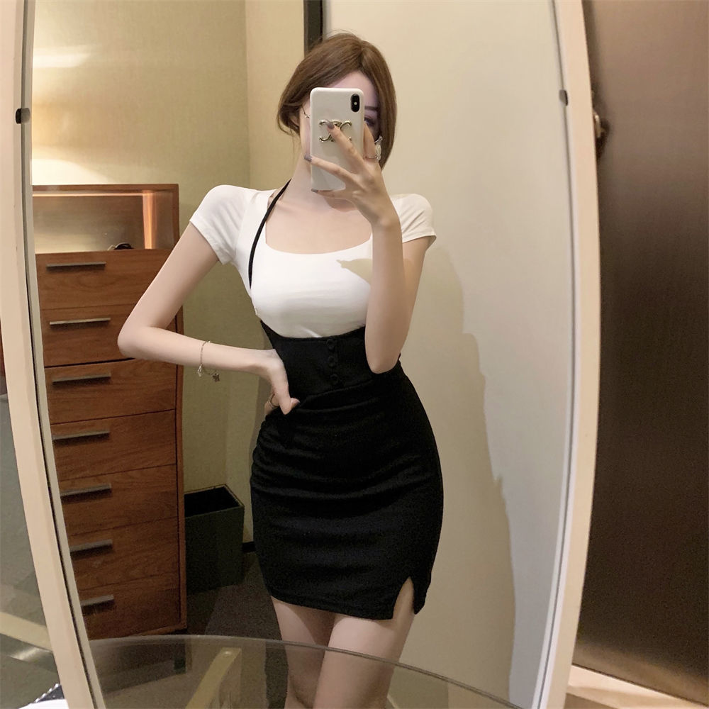 maoxiangshop Sexy Bodycon Mini Dress Women Overalls Dresses T Shirt 2 Pieces Set Side Split Fashion New