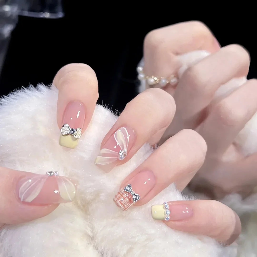 maoxiangshop 24pcs Wearable Pink Press On Fake Nails Tips With Glue false nails design Butterfly Lovely Girl false nails With Wearing Tools