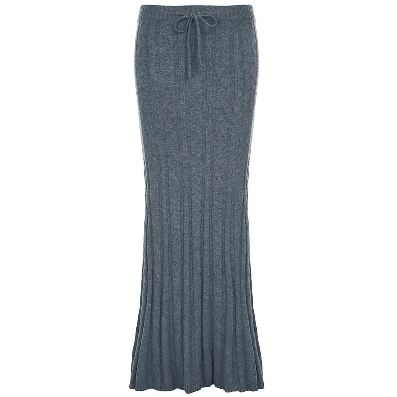 maoxiangshop - Twists Woolen Knitted Maxi Skirt Women Lacing Low Rise Slim Long Fishtail Skirt Hottie Autumn Winter Streetwear