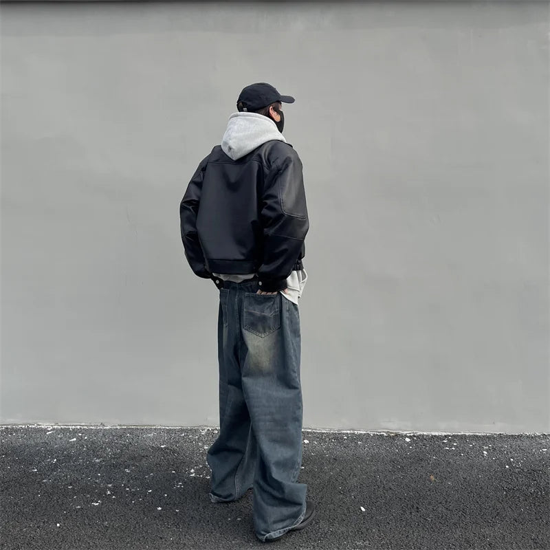maoxiangshop Vintage Men's Wide Leg Trousers Jeans Straight Loose Mopping Pants High Street Male Casual Simple Daily Distressed Denim