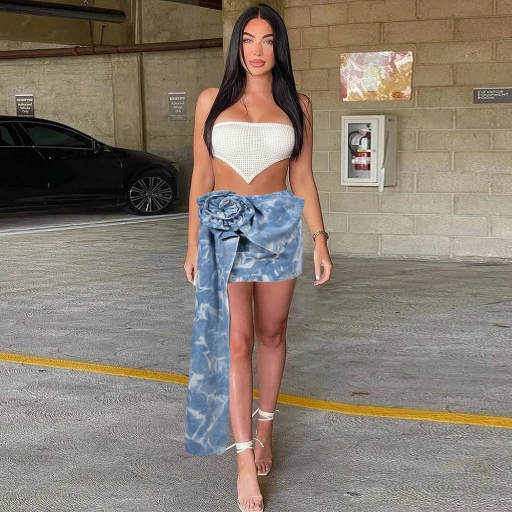 maoxiangshop - Tie Flower Denim Skirt Jean Mini Dress Sexy Y2K Streetwear 2023 Women Winter Fall Fashion Cargo Dress High Waist Tie Dye Skirts