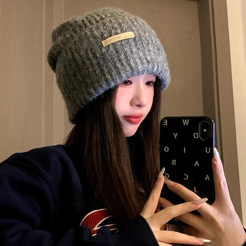 maoxiangshop - Knitted Heap Heap Beanie Hat for Women Solid Leather Label Pullover Cap Winter Thickened Warm Woolen Hats Outdoor Cycling Bonnet