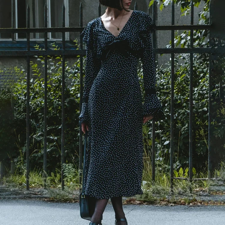 maoxiangshop - Women Ruffles A-line Long Vintage Dress Autumn New Women Elegant Long Dress Female Lace Polo Long Sleeve Slim Dot Dresses