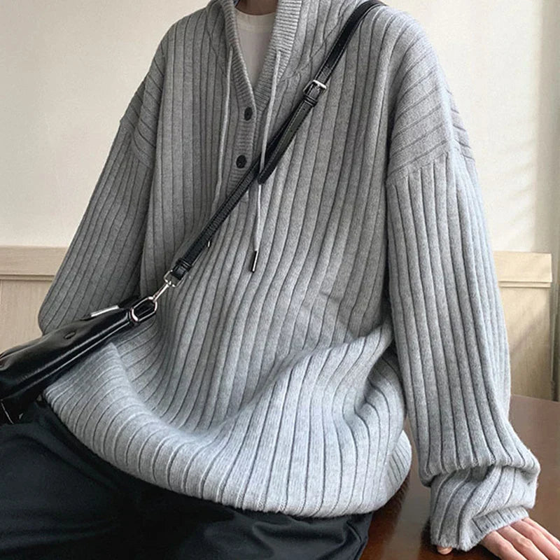 maoxiangshop Winter Clothing Men's Luxury Knitted Hooded Pullover Sweater Casual Streetwear Button-down Solid Color Long Sleeve Hoodie
