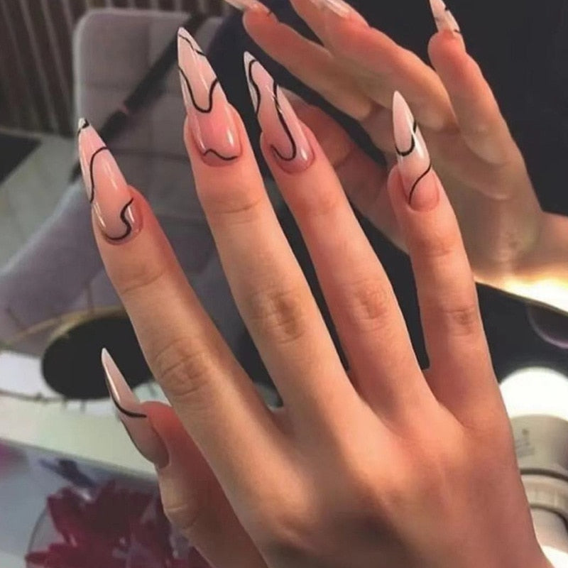 24Pcs False Nails With Glue Almond Pink Butterfly Design Detachable Rhinestones Acrylic Fake Nails long stiletto Press On Nails
