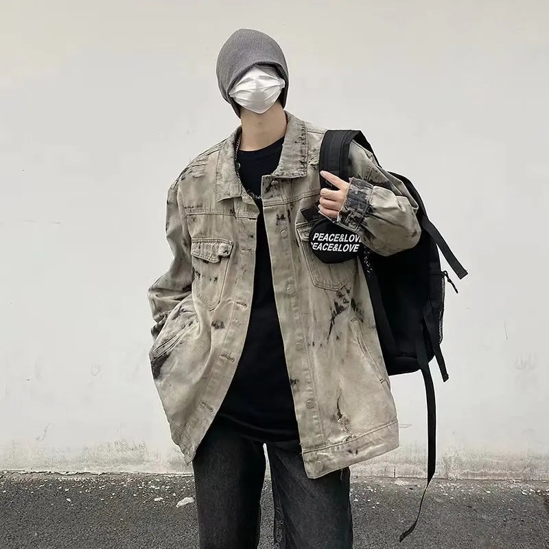 maoxiangshop Men Gray Tie-dye Denim Jackets Coats Loose Vintage Jeans Jackets New Autumn Hip Hop Denim Coats Outwear Casual Jeans Coats
