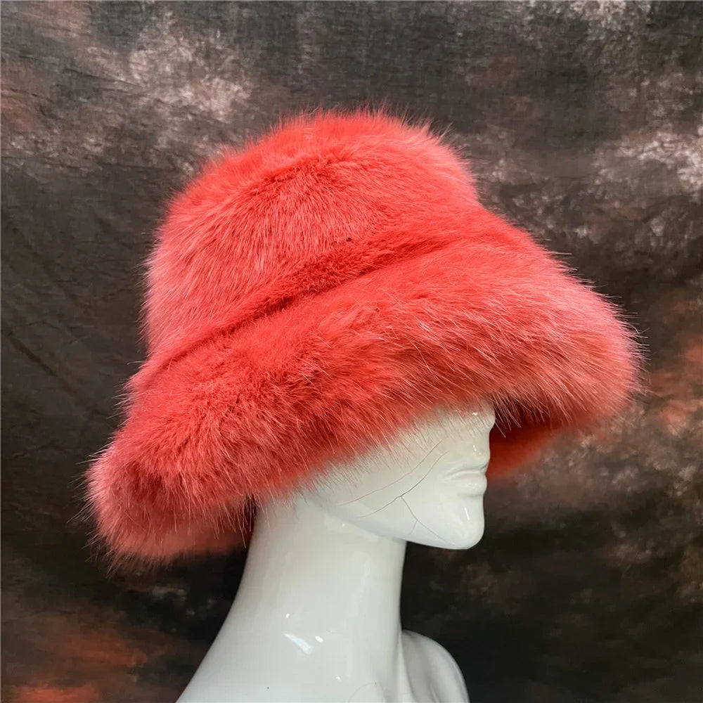 maoxiangshop - Luxury Ins Hot Y2k Girls Faux Fox Fur Bucket Hat Women Winter Warm Rabbit Fur Plush Fisherman Hat Cap Festival Party Ski Panama