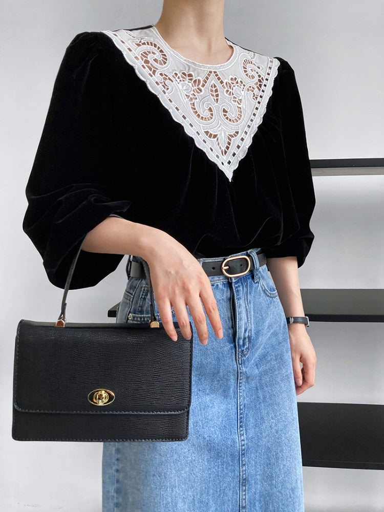 maoxiangshop Fashion Velvet Patchwork Lace Tops Women Lantern Long Sleeve Black T-shirts Female Streetwear Pullovers Autumn Clothes