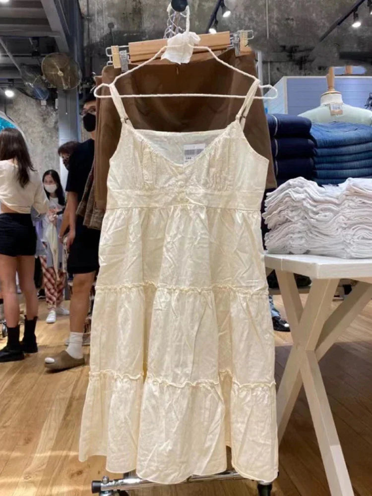 maoxiangshop 2 Casual Women White Front Buttons Lace Spliced Sling Dress Summer Vintage Square Collar Sleeveless Female Chic Bottoms