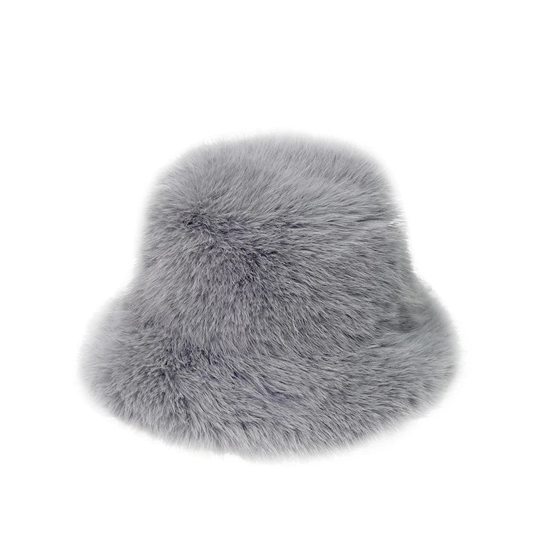 maoxiangshop - Fluffy Fur Bucket Hat for Women Imitation Mink Hair Warm Basin Cap Thickened Plush Winter Hats Lady Fashion Panama Fisherman Cap