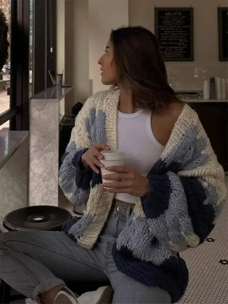 maoxiangshop - Color Blocking Knitted Cardigan For Women Casual Loose Long Sleeve Crop Sweater Female Streetwear Fashion Autumn Winter