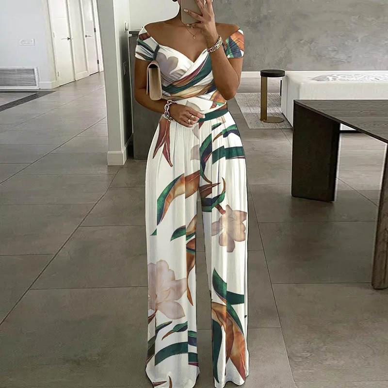 maoxiangshop Sexy Outfit Off Shoulder Print Wide Leg Jumpsuit Women Summer Casual Boho Casual High Waist Jumpsuits Clothes Overalls