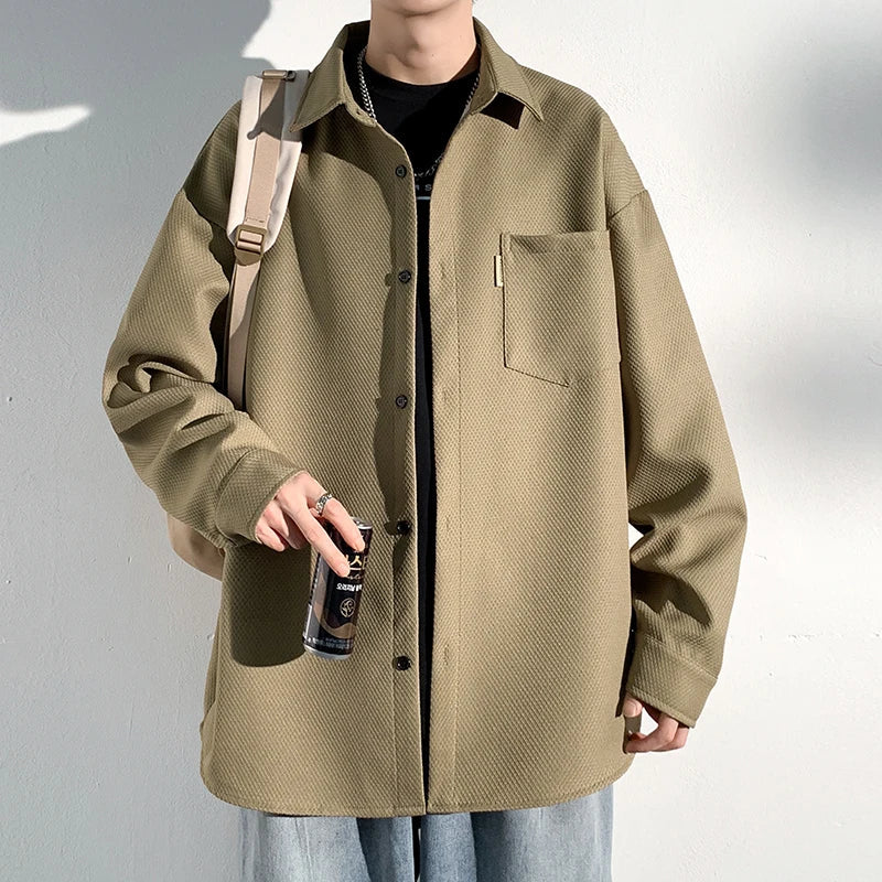 maoxiangshop Autumn New Shirts Fashion Handsome Trend Shirt Man Long Sleeve Simple Lapel Male Blouse Loose All Match Casual Tops Jacket Men